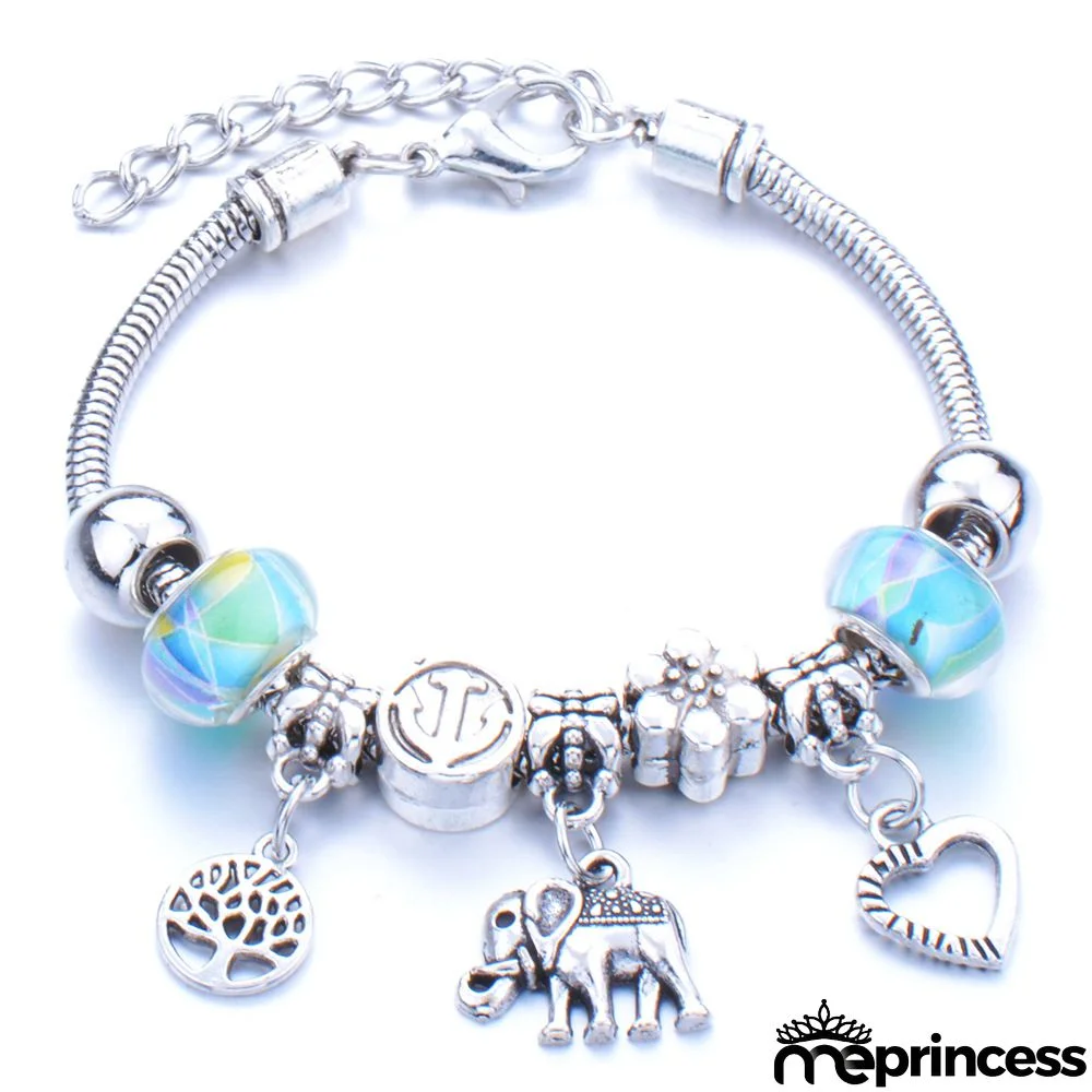 Women Fashion Rhinestone Butterfly Crown Pendant Beaded Bracelet