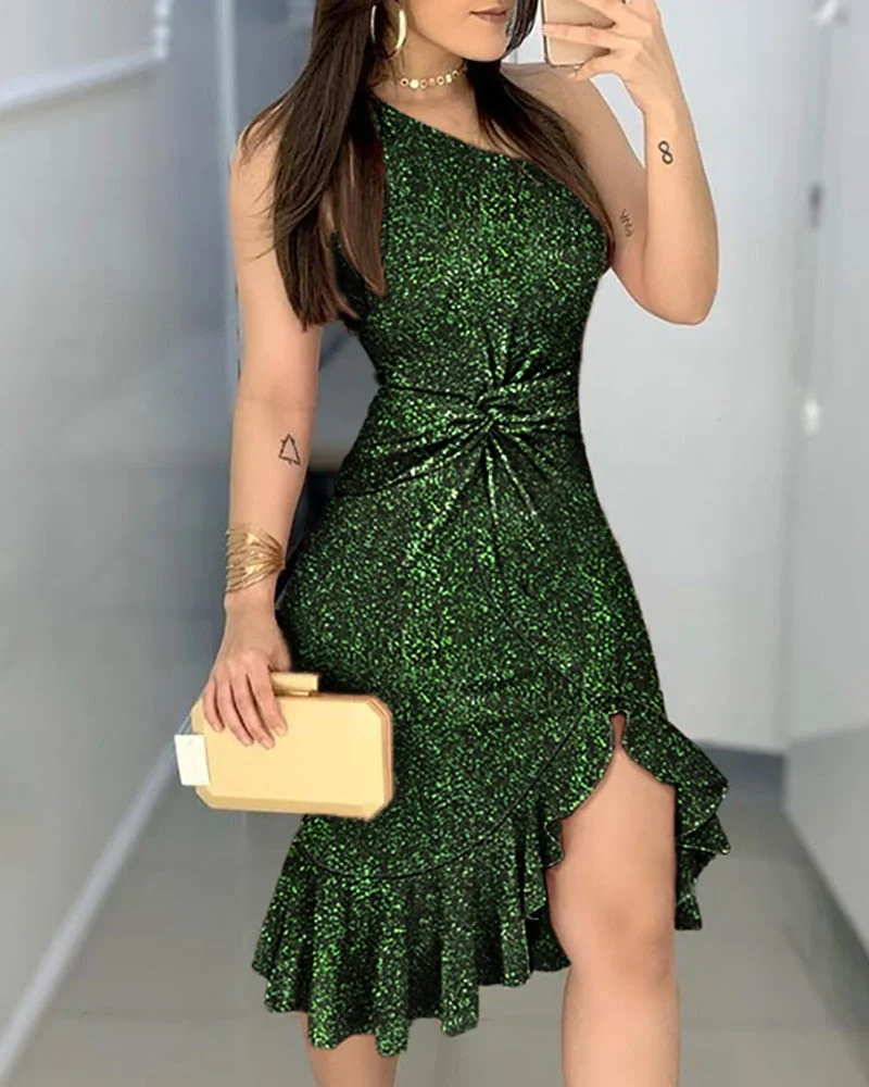 2020 Women Spring Autumn Elegant Ruched Slit Glitter One Shoulder Sleeveless Twisted Ruffled Midi Bodycon Dress Party Cocktail