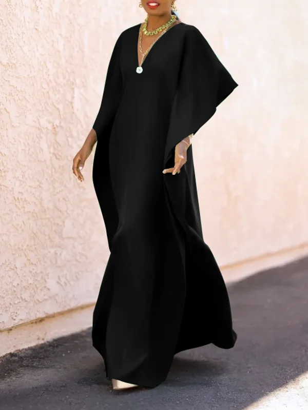 Batwing Sleeves Loose Solid Color Split-Side V-Neck Maxi Dresses