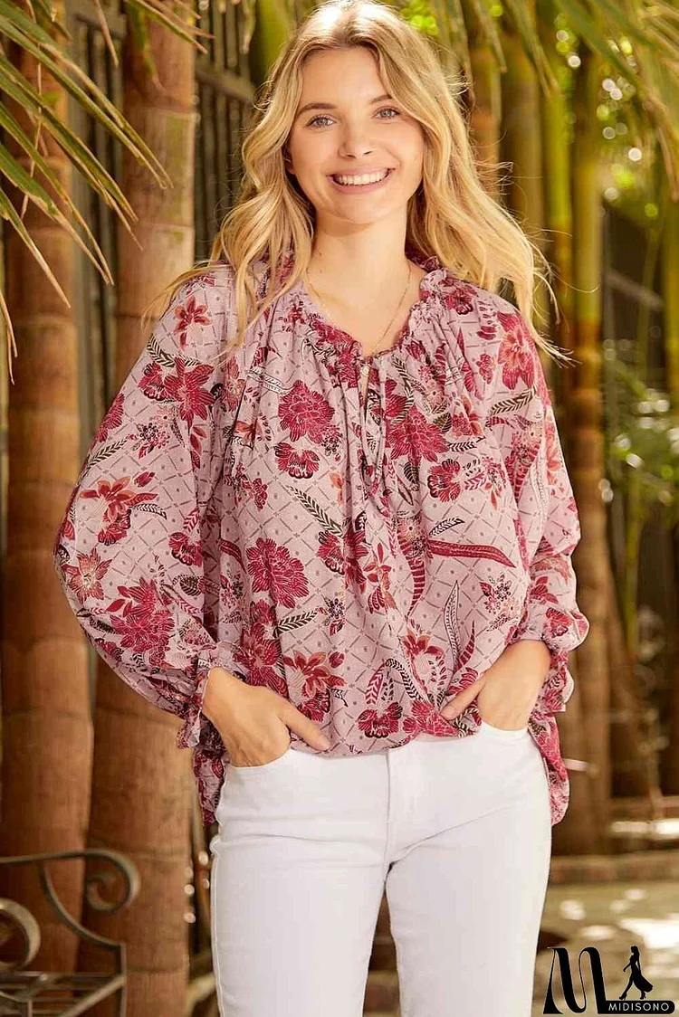 Floral Tie Neck Flounce Sleeve Blouse