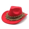 Unisex Fall Vintage Western Cowboy Woolen Tassel Sun Protection Wide Brim Hat by Inlyline