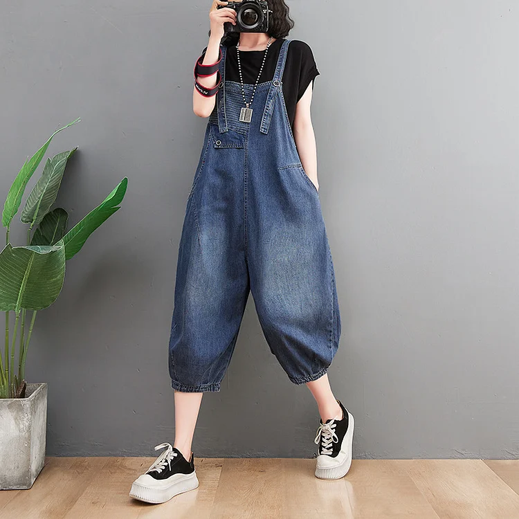 Loose Striped Splicing Suspender Jumpsuit - yankia