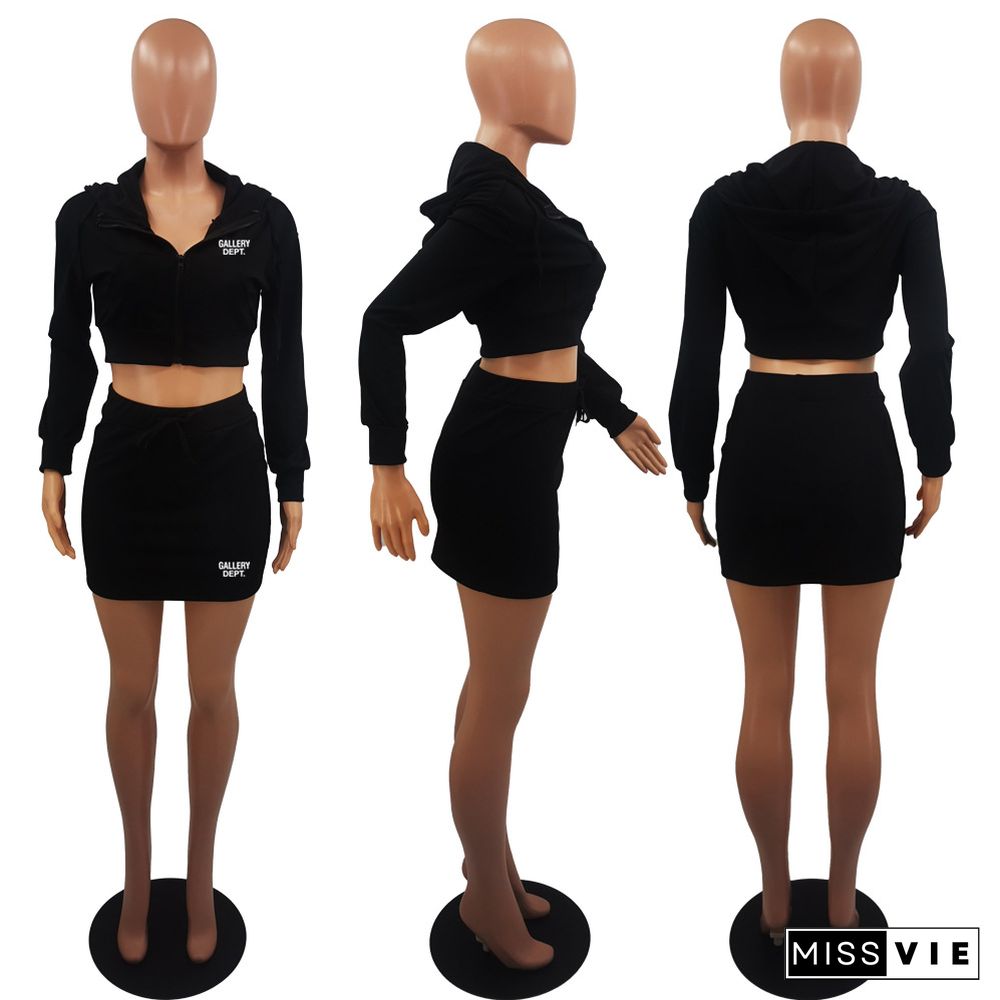 Zip Up Hooded Crop Tops Mini Skirt 2 Piece Sets