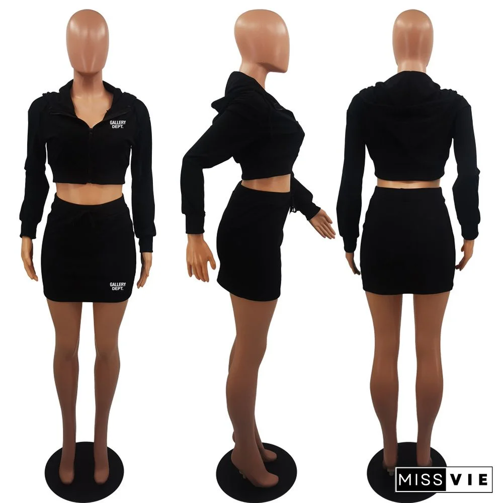 Zip Up Hooded Crop Tops Mini Skirt 2 Piece Sets
