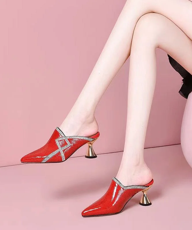 Stylish Zircon High Heel Red Cowhide Leather Slide Sandals