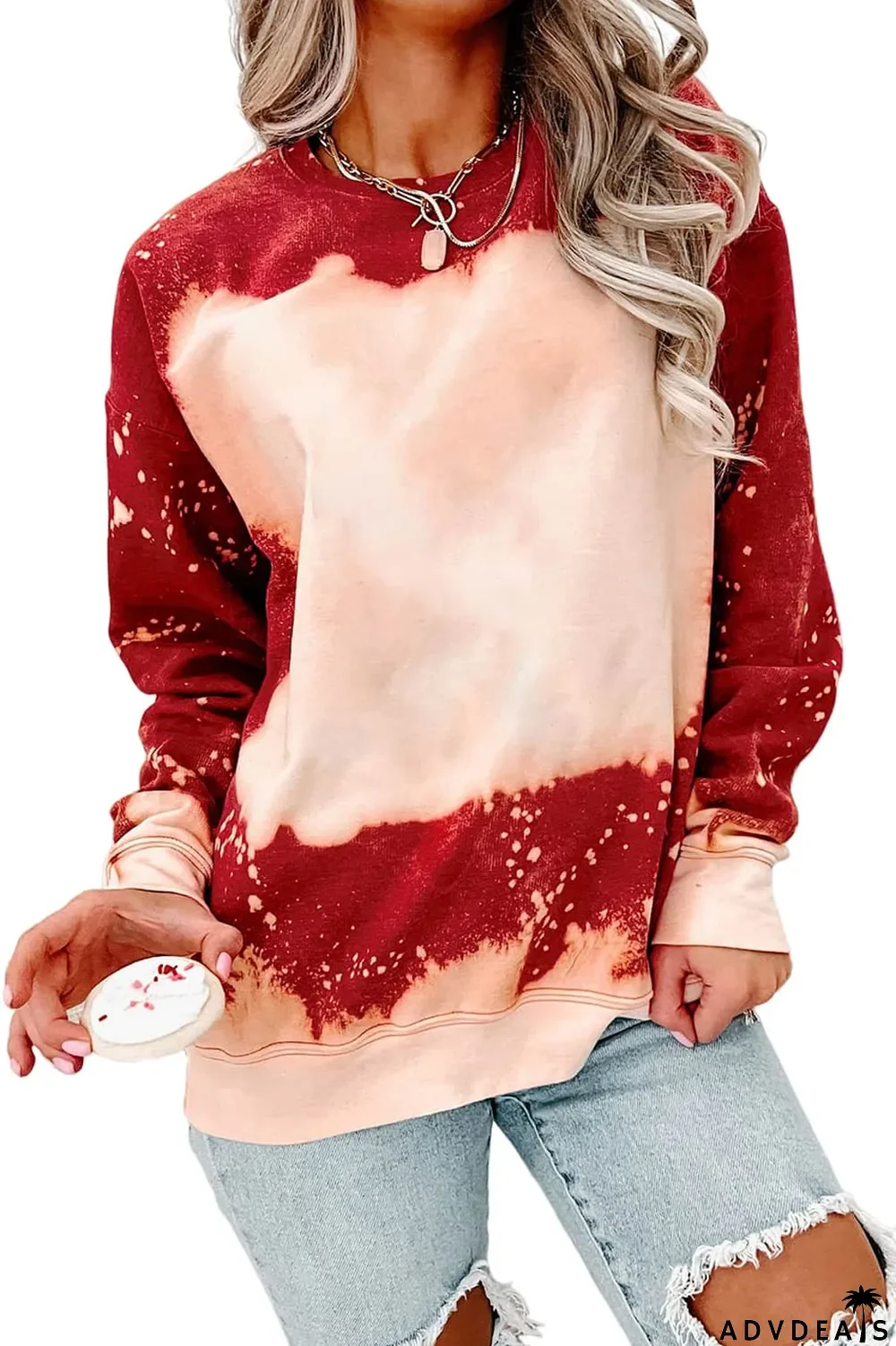 Racing Red Tie Dye Print Bleached Pullover Sweatshirt
