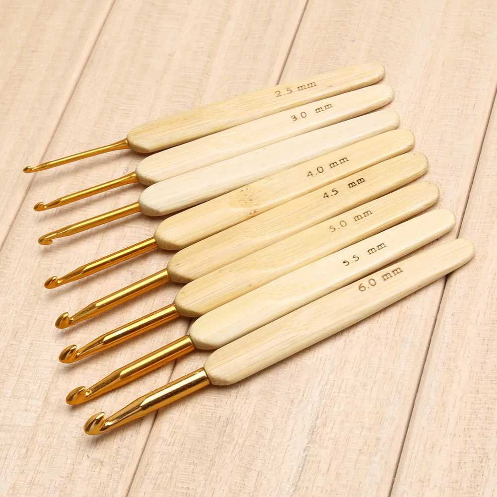 8pcs 8 tamaños mango de bambú ganchillo de aluminio dorado ganchillo agujas 2.5mm-6mm