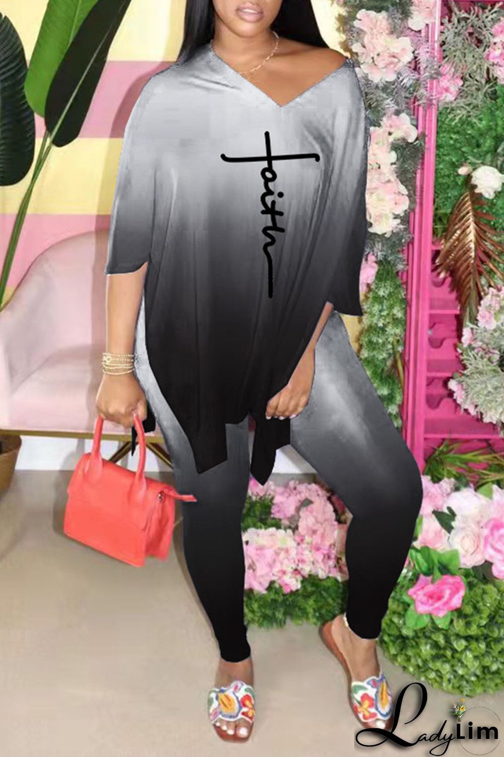 Black Casual Gradual Change Print Patchwork Slit V Neck Half Sleeve Two Pieces