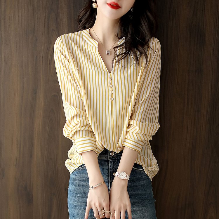 Yellow Stripes Long Sleeve Shift Shirts & Tops