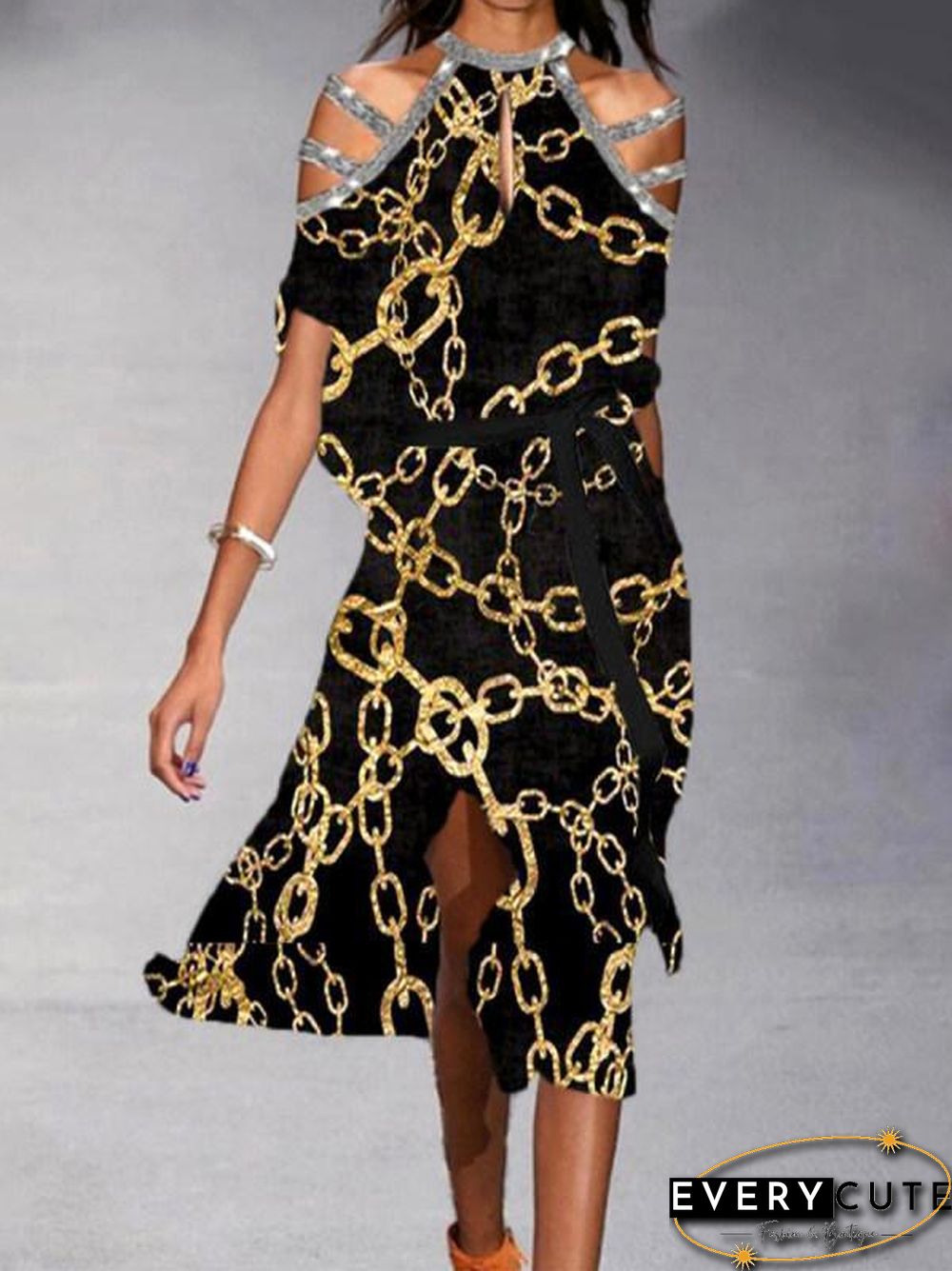 Halter Butterfly Printed Belted Shift Dress