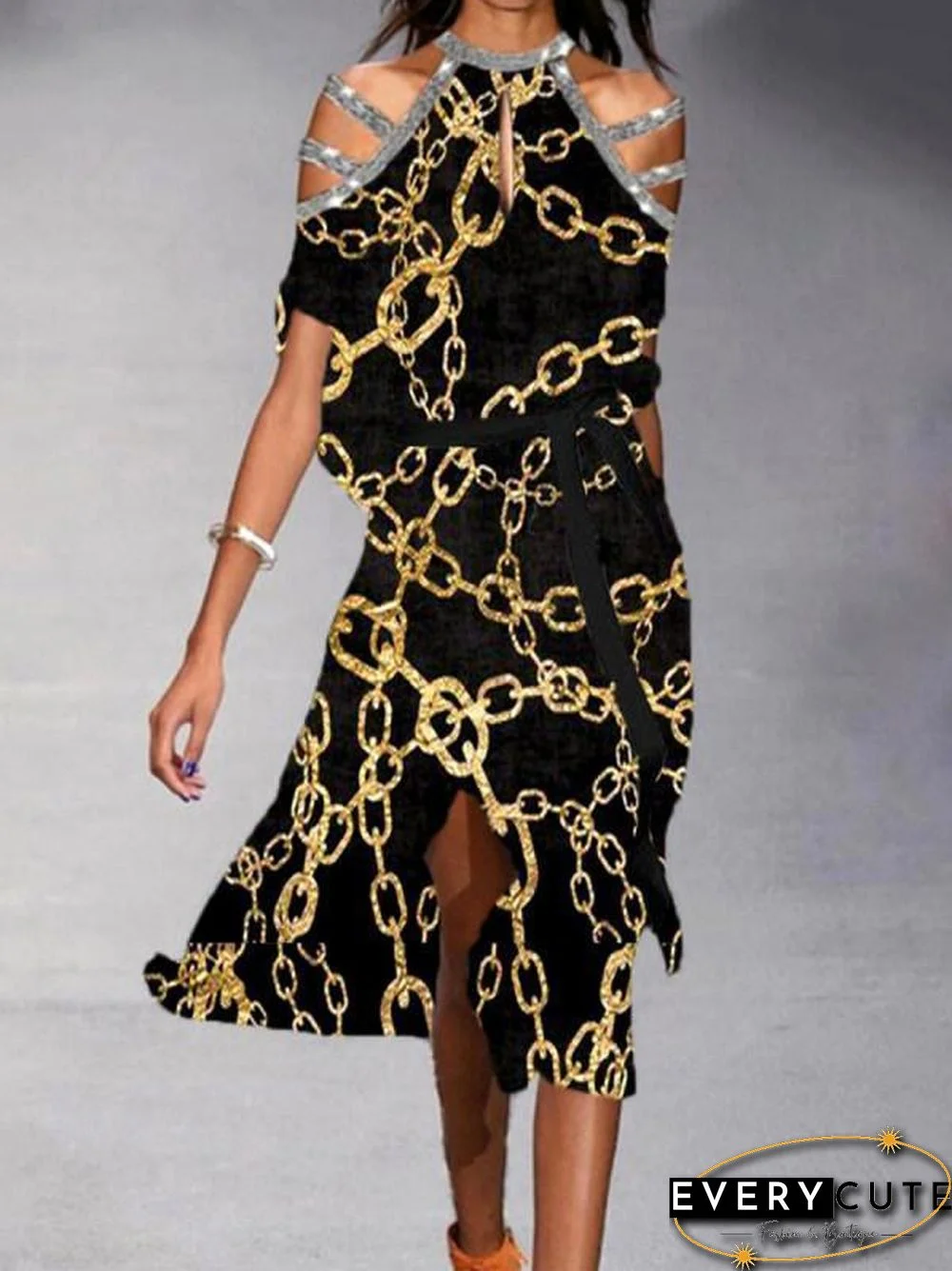 Halter Butterfly Printed Belted Shift Dress