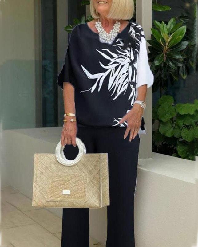 Loose Casual Leaf Print Round Neck Suit