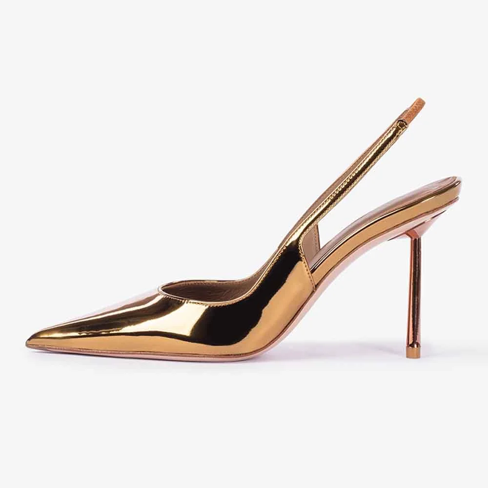 Gold Metallic Vegan Leather Pointed Toe Slingback Pumps With Stiletto Heels Nicepairs