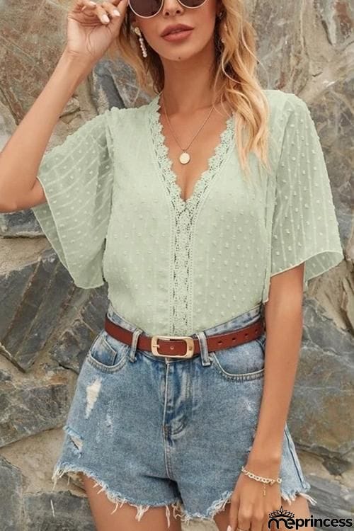 Lace V Neck Flares Short Sleeve Blouse