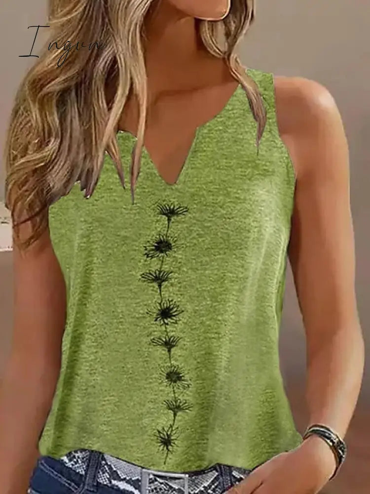 Ingvn - Women’s Tank Top Black White Green Floral Print Sleeveless Casual Holiday Basic V Neck