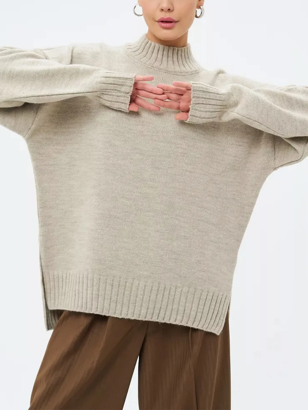 Nigikala Nigikala And Winter Half-High Collar Thread Sweater Solid Color Cover Loose Casual Knitwear