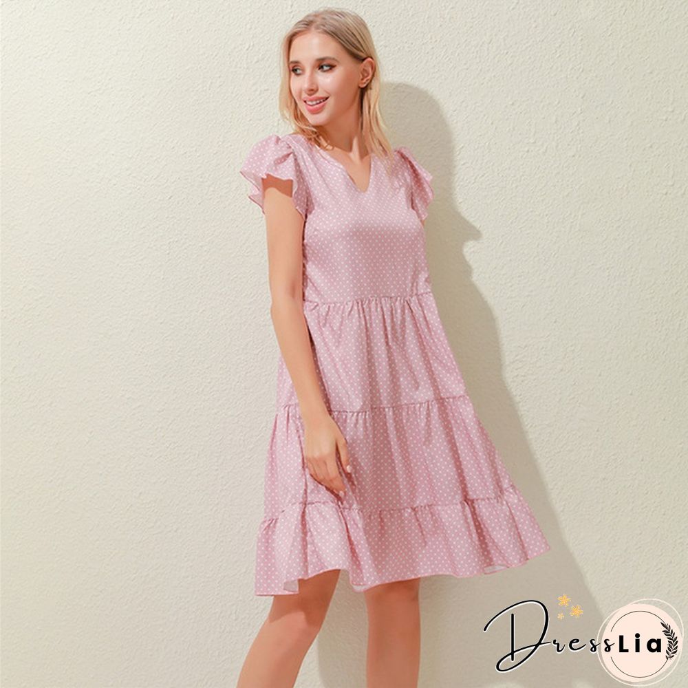 Summer Sundress Women Ruffles Sleeves V-Neck Dot Boho Vest Multi-Layer Connection Hem
