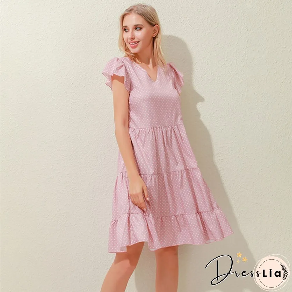 Summer Sundress Women Ruffles Sleeves V-Neck Dot Boho Vest Multi-Layer Connection Hem
