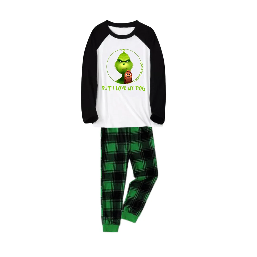 Cartoon Pattern and "I Hate People, But I Love My Dog" Printed Green and Black Plaid Christmas Family Pajamas