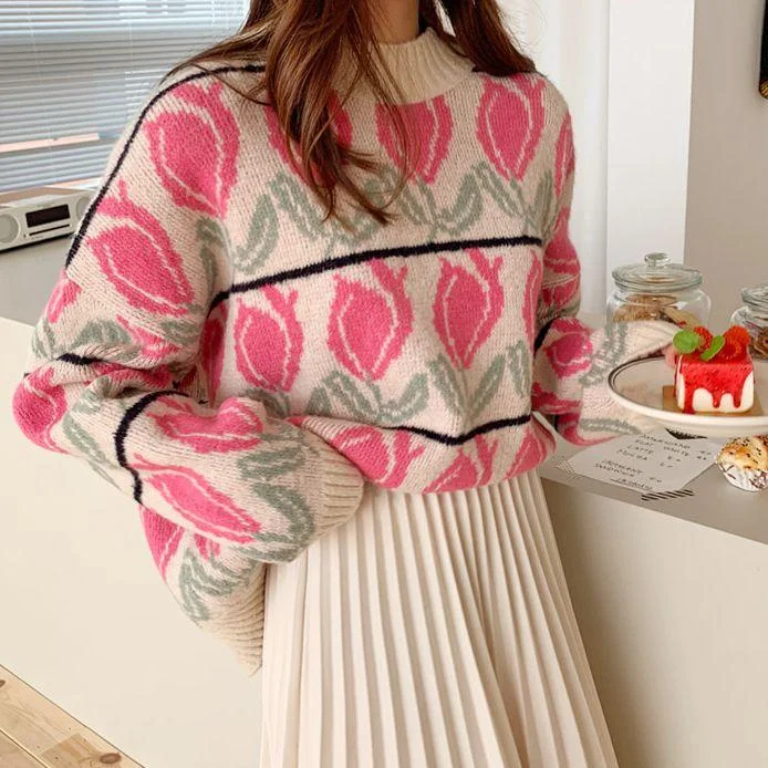 Sweet Retro Striped Flowers Round Neck Thick Warm Knit Sweater Sweater Winter Fashion Casual Lazy Style Korean Knitted Sweater