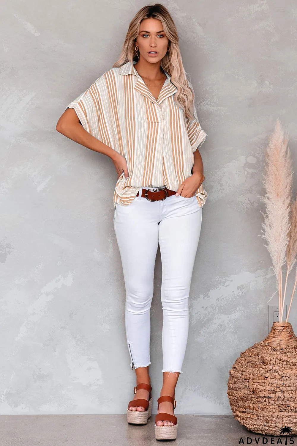 Loose Button Back Striped Blouse