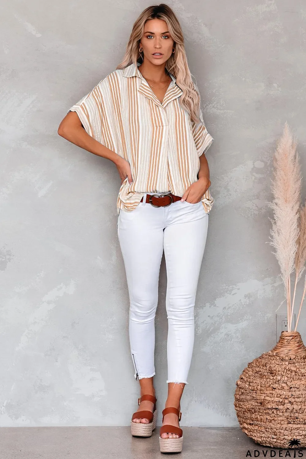 Loose Button Back Striped Blouse