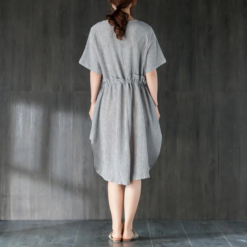 stylish Midi cotton dresses Loose fitting Gray Women Summer Dress with Ruffles and Ribbon