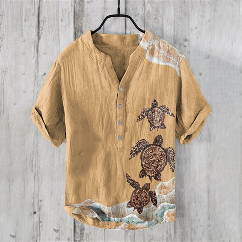Comstylish Japanese Sea Turtle Print V-Neck Short Sleeved Shirt