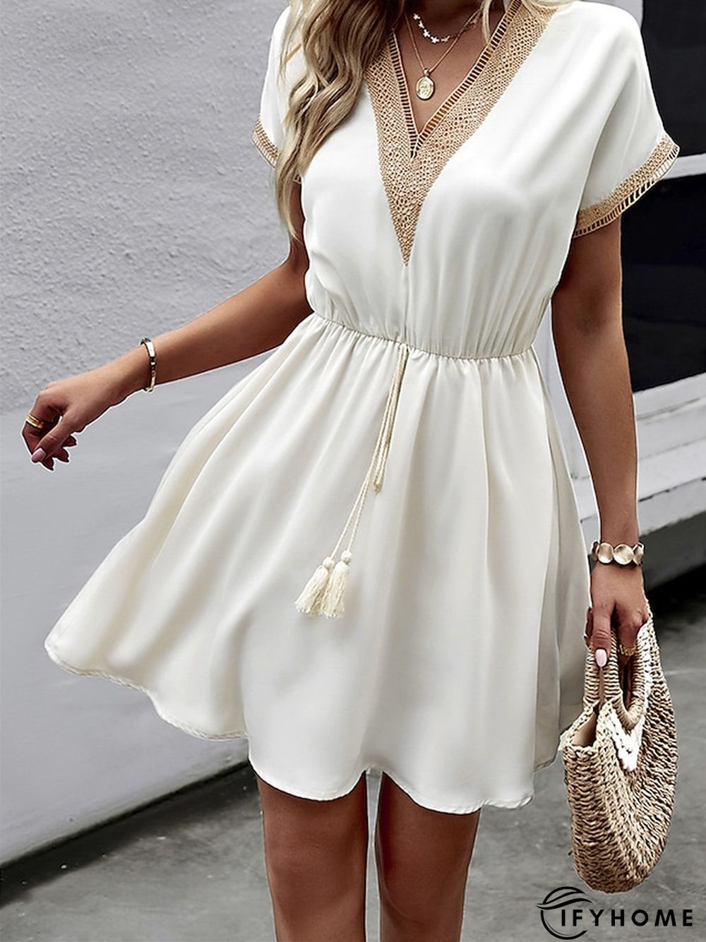 Women's Casual Dress Summer Dress Loose Dress Plain Drawstring Lace Trim V Neck Mini Dress Active Fashion Outdoor Daily Short Sleeve Loose Fit Black White Blue Spring Summer S M L XL | IFYHOME