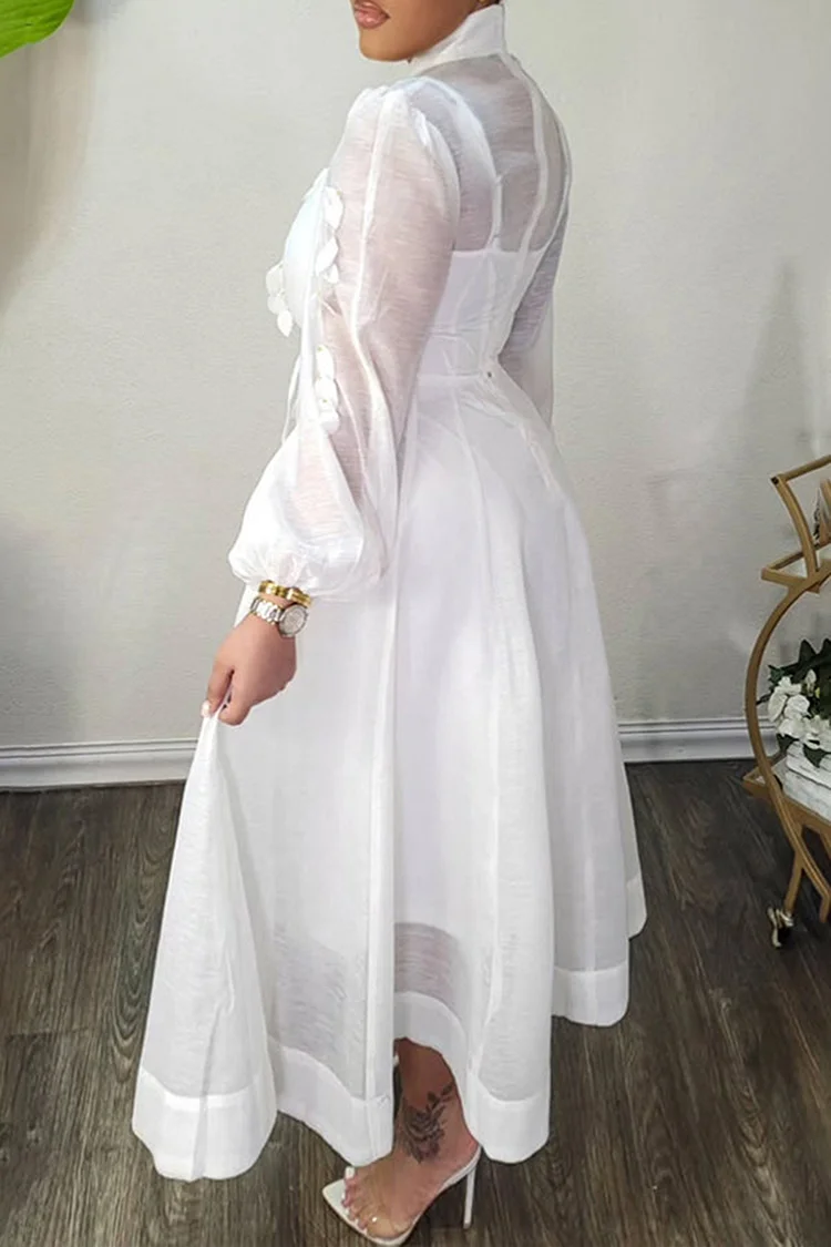Plus Size Wedding White Elegant Round Neck Long Sleeve See Through 3D Organza Midi Dresses [Pre-Order]
