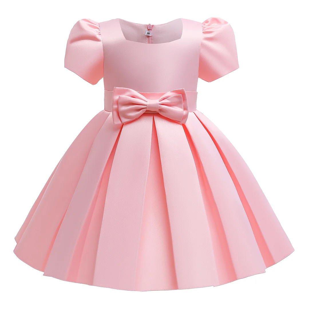 Buzzdaisy Solid Color Princess Dress For Girl Boat Neck Bow-Knot Cap Sleeve Candy Cotton Spaghetti Strap Dress Autumn