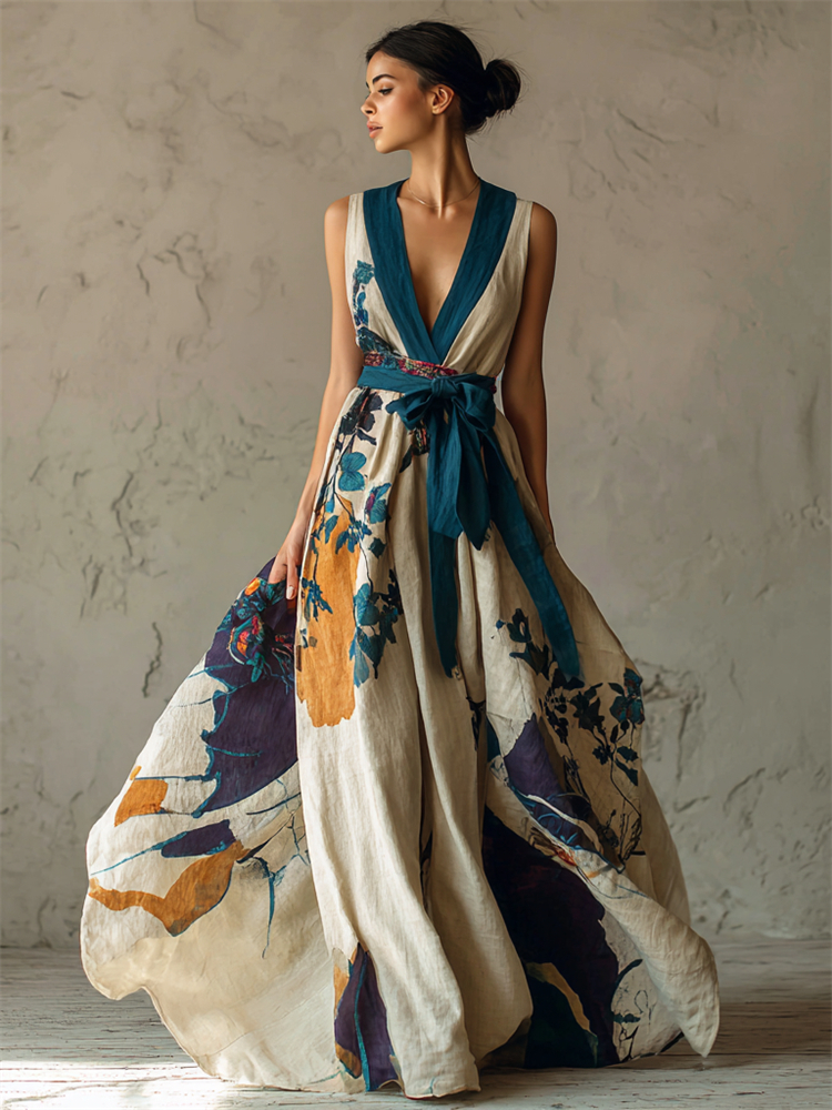 Classy Japanese Floral Art Flowy Tied Linen Maxi Dress wearshes