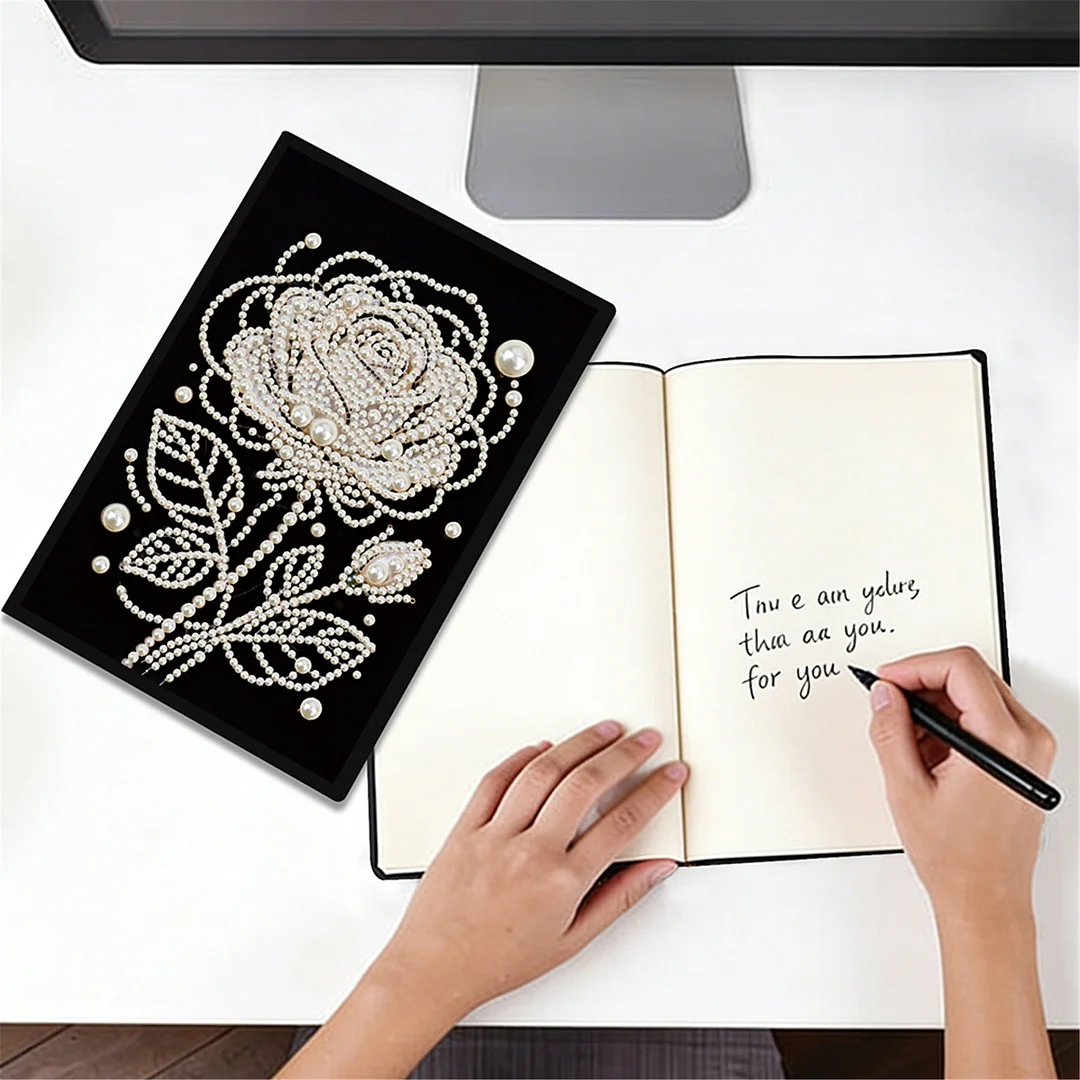 Rose Partial Pearl DIY 50 Pages A5 Diamond Painting Notebook Special Shaped Diamond Art Diary Book Kits Wireless Strip 5D Crystal Art Paintings Sketchbook for Art Drawing