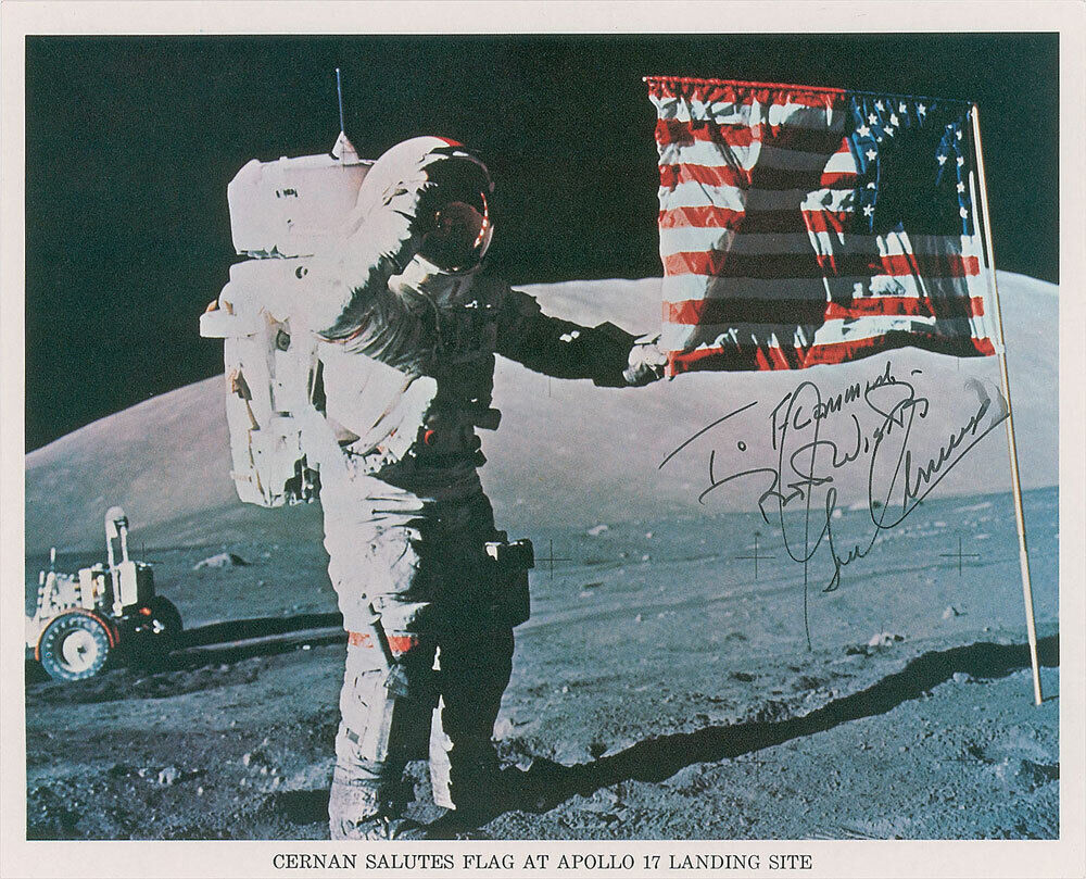 GENE CERNAN Signed 'Flag' Photo Poster paintinggraph - Apollo 17 'Last Man on the Moon' preprint