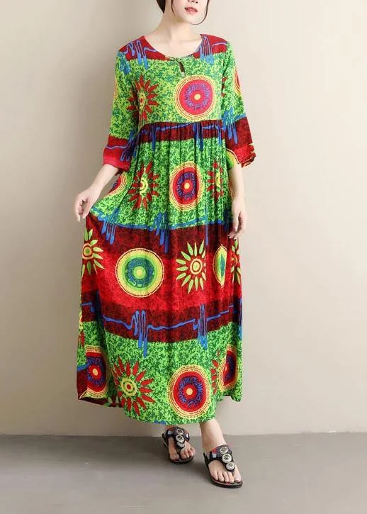 Unique O Neck Cinched Summer Clothes Green Print Dress ( Limited Stock)