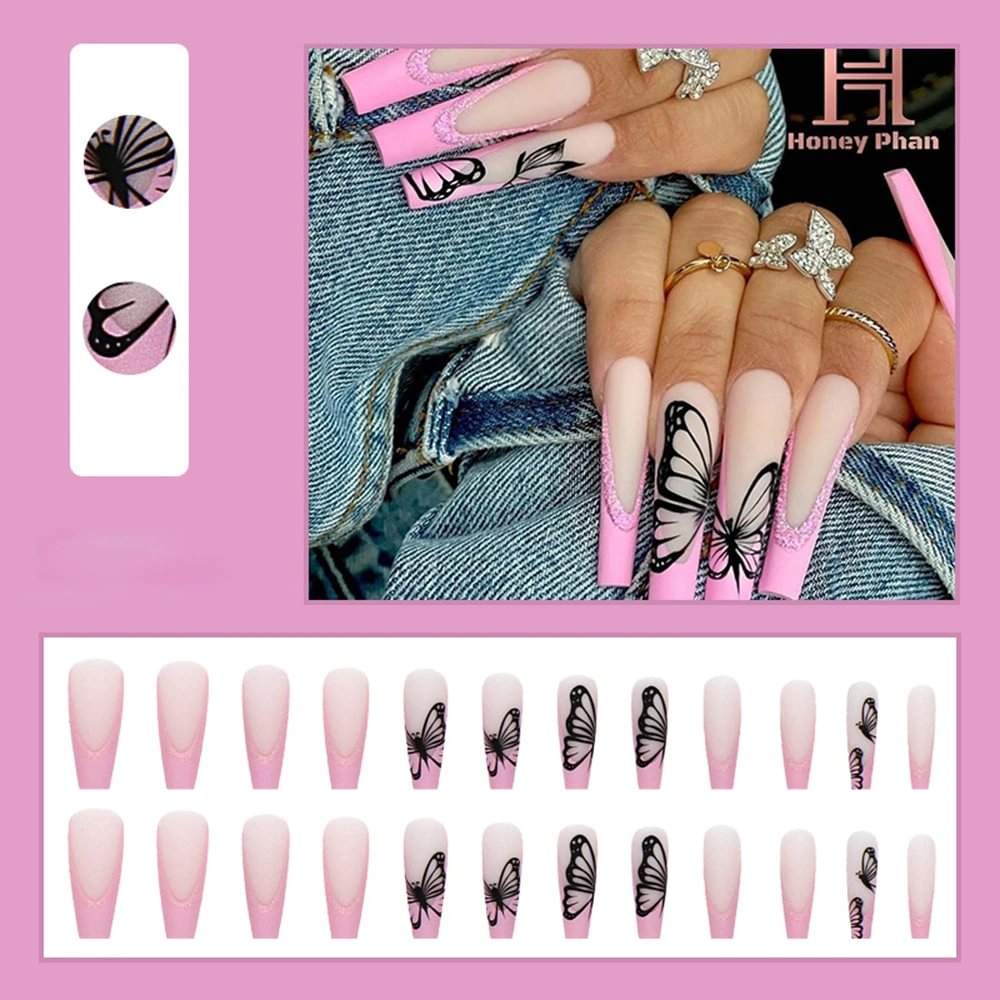Agreedl Extra Long French Butterfly Pattern Fake Nails Detachable Ballerina Coffin Full Cover False Nails Acrylic Nail Art Tips