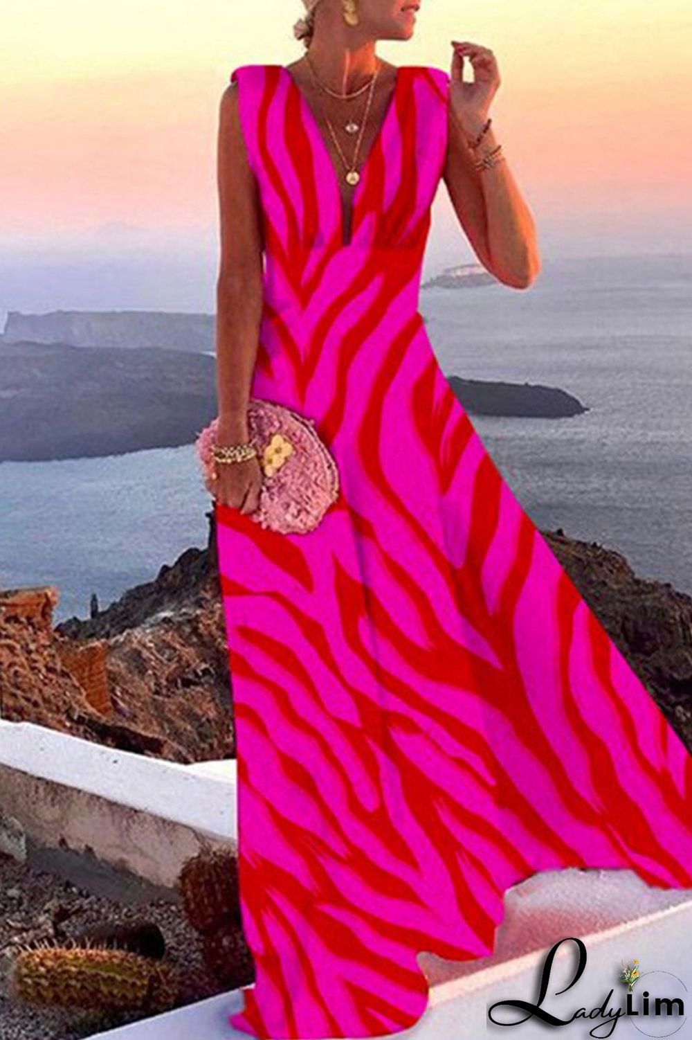 Red Stripe Fashion Print Patchwork V Neck Straight Dresses