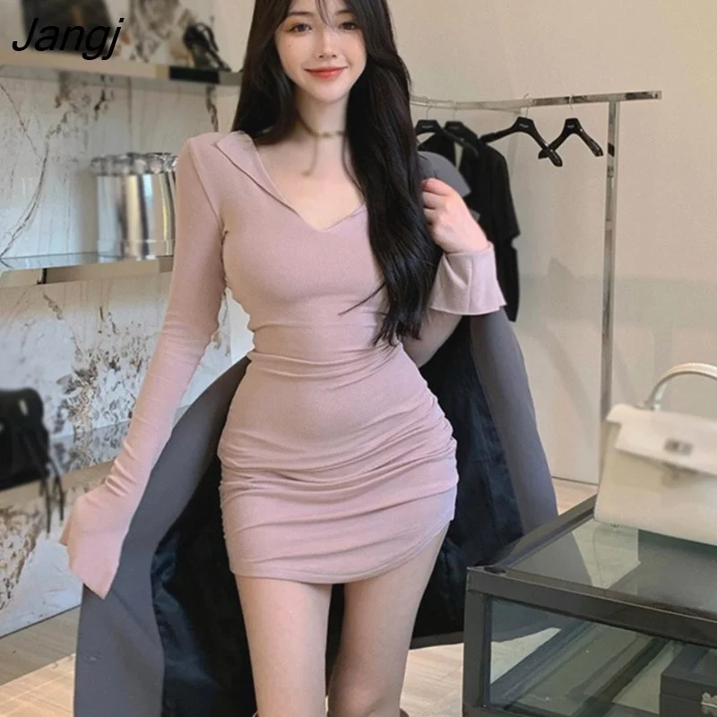 Jangj V-neck Korean Dress Short Skirt Waist Solid Color Long Sleeves