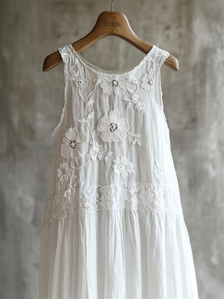 Comstylish Classy Flowers Embroidered Lace Linen Tank Dress