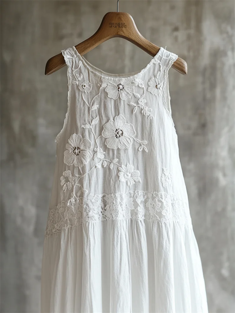 Classy Flowers Embroidered Lace Linen Tank Dress