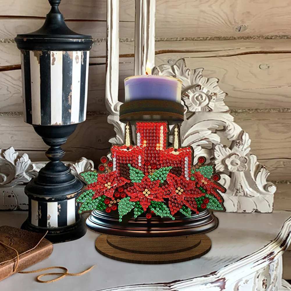 Wooden Red Flower Candle 5D DIY Diamond Painting Candle Holder Decor for Adults