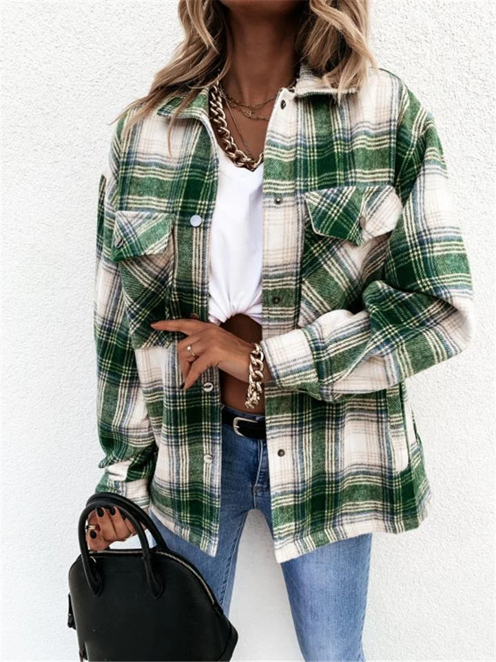 Stylish Classic Collar Single-Breasted Checked Chest Pocket  Plaid Western Shirt Jacket