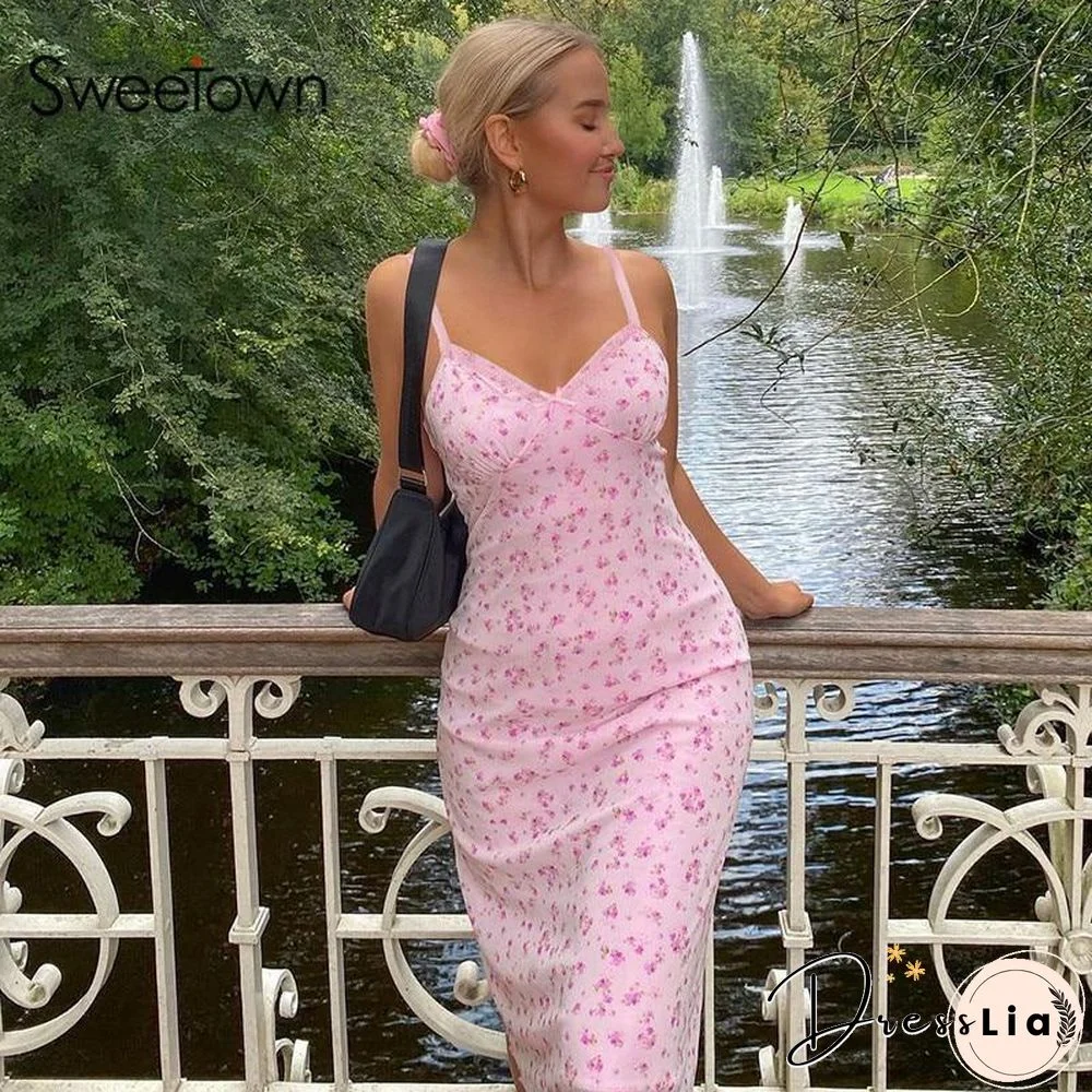 Sweetown Pink Floral Print Sexy Long Boho Dress Y2K Off Shoulder V Neck Lace Trim Women Bodycon Party Club Beach Dresses Summer