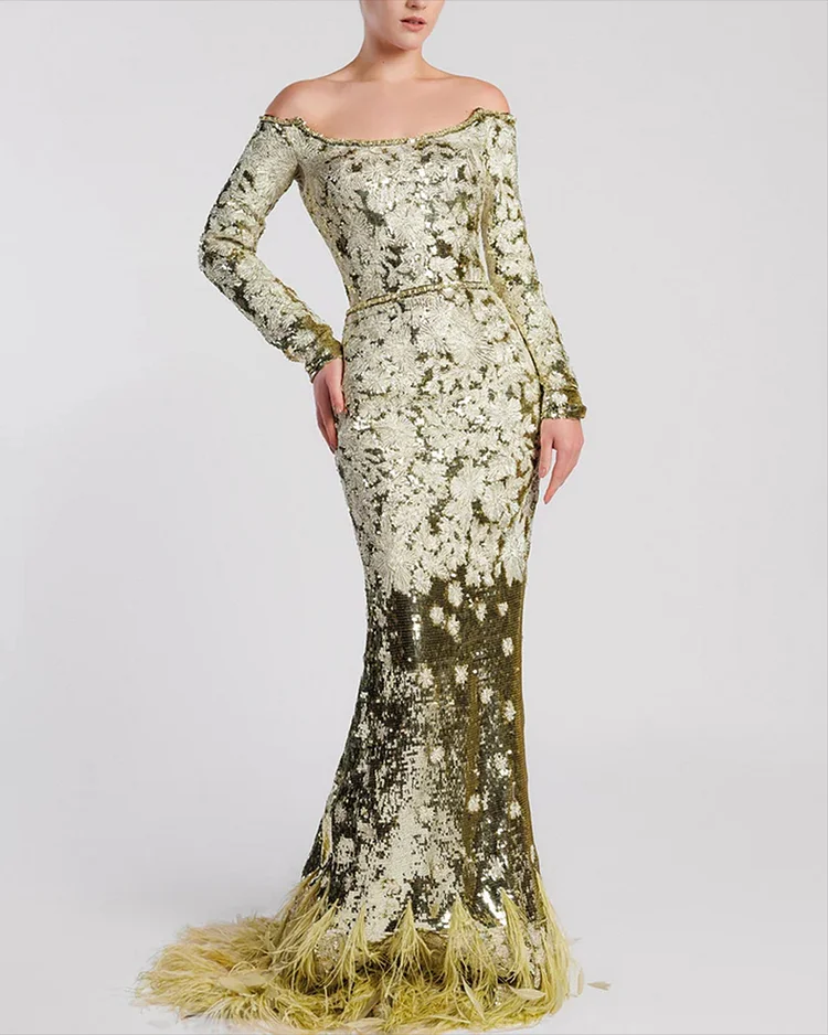 Women's Off-the-shoulder Long-sleeved Feather Dress