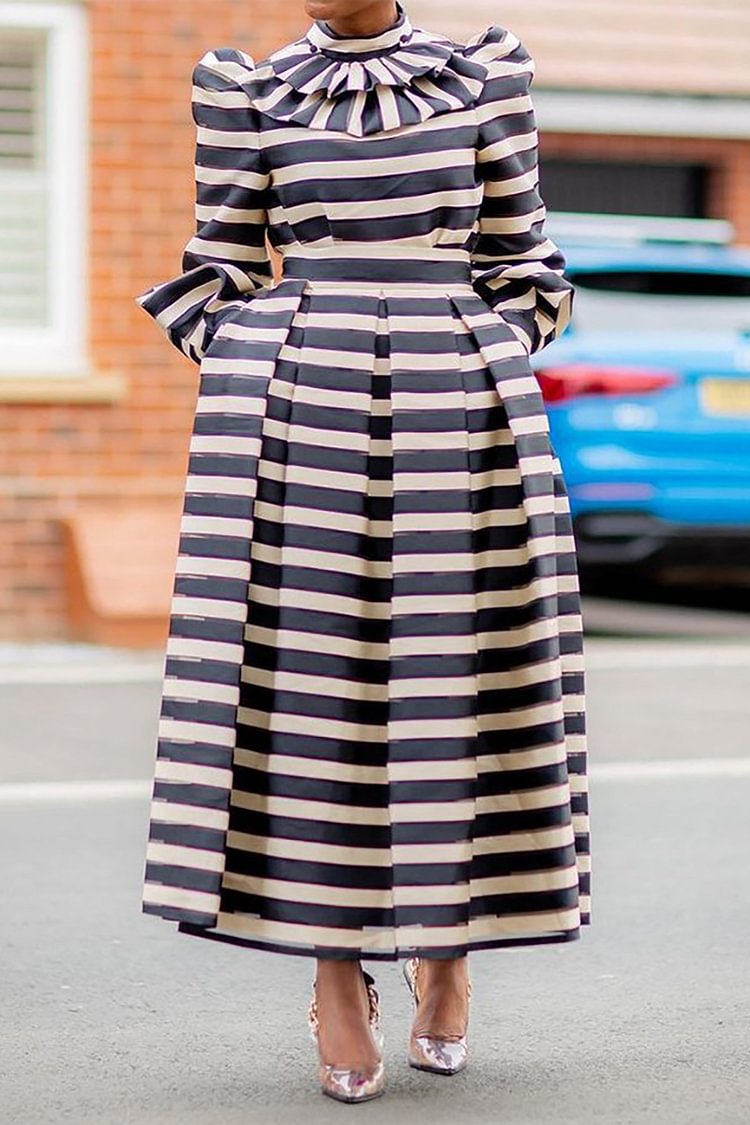 Xpluswear Plus Size Vintage Striped All Over Print Black Ruffle High Collar Lantern Long Sleeve High Waist Maxi Dress