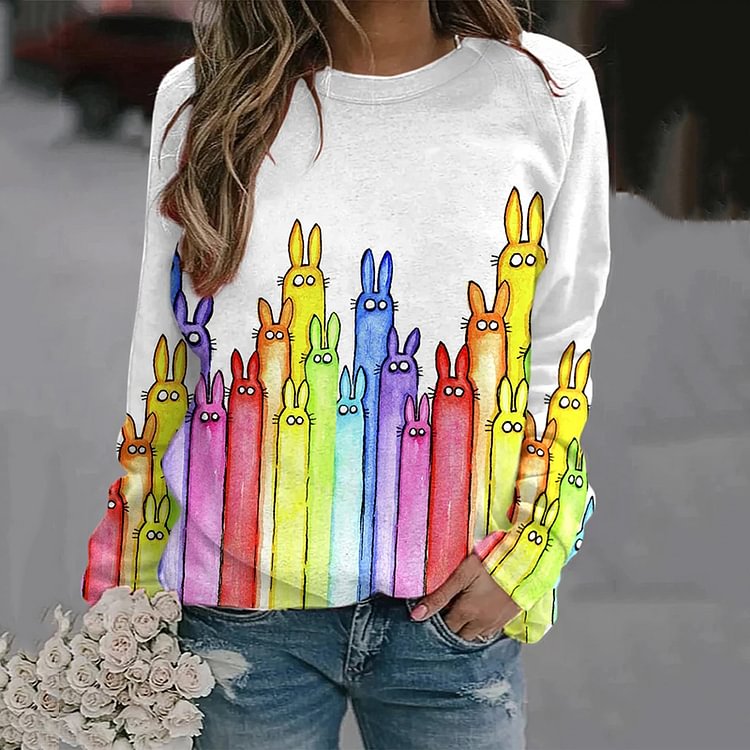 VChics Colorful Rabbit Print Long Sleeve Casual Sweatshirt