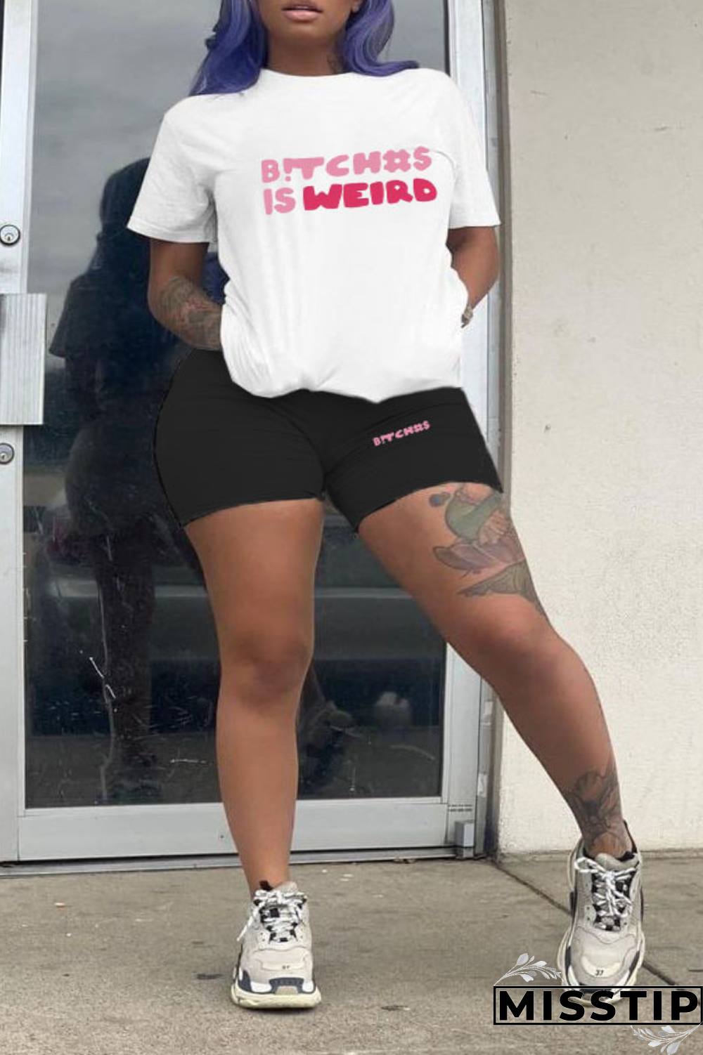 Blue Street Print Patchwork O Neck Plus Size Two Pieces