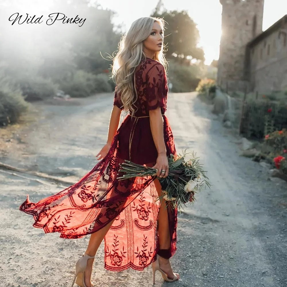 WildPinky Sexy See Through Burgundy Lace Dress Women Summer High Waist V-neck Dress Elegant Christmas Maxi Long Dress Vestidos