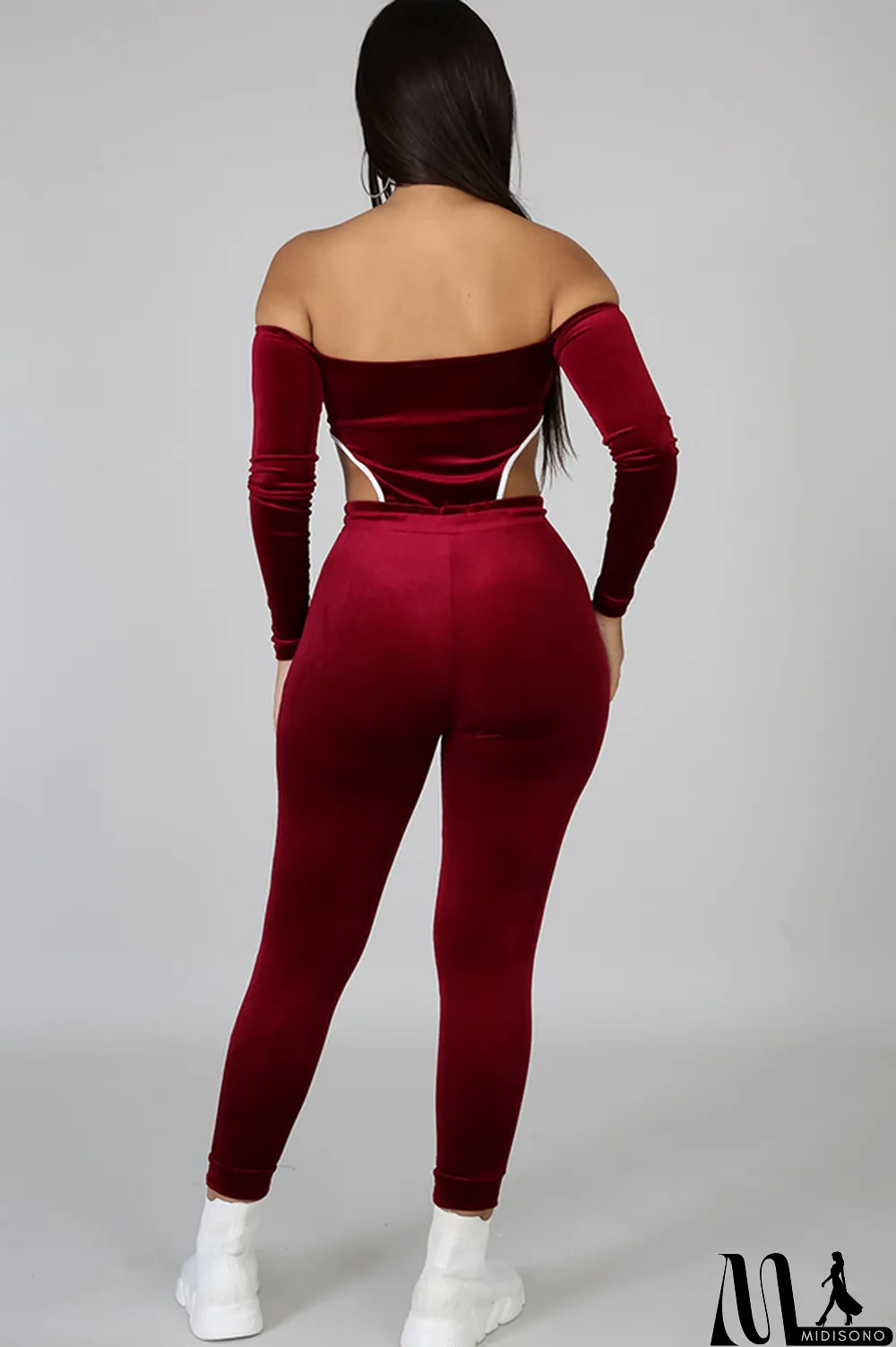 MidiSono - purple Polyester Sexy Solid Two Piece Suits pencil Long Sleeve Two-piece Pants Set