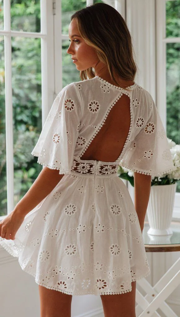 Cutout Backless Solid Color V Neck Mini Dress